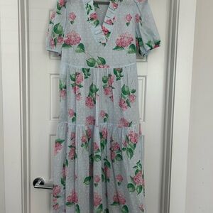 Crown & Ivy Floral Dress in Pink and Green on Light Blue